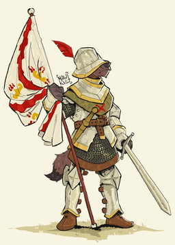 anthro armor belt belt_buckle buckle chainmail clothing feathers flag flag_(object) flagpole hat hat_feather headgear headwear helmet hidden_eyes holding_flag holding_melee_weapon holding_object holding_sword holding_weapon loose_feather male melee_weapon red_body red_feathers solo sword tail weapon wearing_hat mawkvlt canid canine canis mammal wolf hi_res
