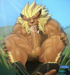 abs anthro autofellatio balls beard belt biceps big_penis blonde_hair blue_eyes bodily_fluids bottomwear bottomwear_down claws clothed clothing cum cum_in_mouth cum_inside cum_taste ear_piercing erection facial_hair genital_fluids genitals grass hair male mane masturbation nipples oral oral_masturbation pants pants_down partially_clothed pecs penile penile_masturbation penis piercing plant pubes public scar sky solo vein veiny_penis todex bandai_namco digimon digimon_(species) leomon hi_res