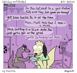 antenna_wire anthro black_ears black_nose black_text border bottle ceiling_fan chest_tuft clothing container crop_top detailed_background dialogue door dresser duo electric_fan electronics eyelashes female fur furniture green_clothing green_crop_top green_shirt green_topwear head_tuft holding_object holding_paper inside male midriff multicolored_body multicolored_fur narrowed_eyes number open_mouth paper poster profanity shirt sketch_background smiley_face speech_bubble standing tail television television_antenna text topwear tuft white_border agusta stich_(agusta) canid canine canis domestic_dog mammal mustelid musteline true_musteline weasel 2025 artist_name comic dated english_text hi_res one_panel_comic sketch