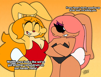 anthro big_breasts black_sclera breasts brown_body brown_fur buckteeth cleavage clothed clothing dialogue duo eyes_closed eyeshadow female fur hair hair_over_eye hand_behind_head leotard long_hair makeup one_eye_obstructed open_mouth orange_hair pink_hair purple_eyeshadow simple_background tail teeth text thick_thighs white_eyes wide_hips yellow_background yellow_body yellow_fur unfortu-nate beatrice_(unfortu-nate) bonnie_(unfortu-nate) lagomorph leporid mammal rabbit 2026 digital_media_(artwork) english_text hi_res