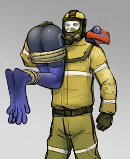 4_toes anthro barefoot bdsm biped blue_body blue_eyes blush bondage bottomwear bound captured carrying_another clothed clothing digitigrade dominant dominant_human dominant_male duo feet female fingers fully_clothed gas_mask gloves grey_background handwear hazmat_suit legs_tied looking_back lying male male/female mask on_front orange_body restrained restraints shoulder_carry simple_background soles submissive submissive_female tape toes conditional_dnp patecko amphibian frog human mammal poison_dart_frog 2023 digital_media_(artwork) hi_res