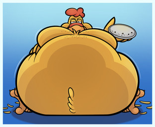 anthro belly big_belly border feathers front_view half-closed_eyes hand_on_belly holding_object holding_plate looking_at_viewer male morbidly_obese morbidly_obese_anthro morbidly_obese_male narrowed_eyes nude obese obese_anthro obese_male overweight overweight_anthro overweight_male plate sitting solo white_border sewergator family_guy ernie_the_giant_chicken avian bird chicken galliform phasianid 2026 hi_res