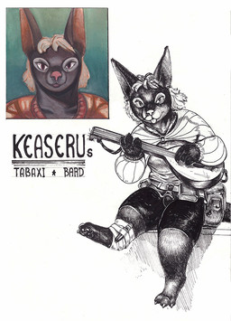 anthro bag fur gouaghe ink knife lute male musical_instrument pawpads paws piercing plucked_string_instrument ring_piercing solo string_instrument tongue marredhen dungeons_and_dragons hasbro wizards_of_the_coast felid feline mammal tabaxi black_and_white monochrome