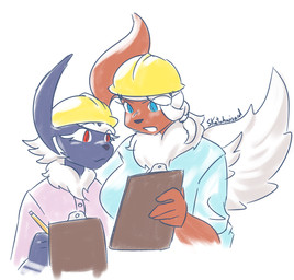 anthro armor big_breasts blue_body blue_eyes braided_hair breasts clipboard duo female female/female hair hard_hat headgear helmet reading red_body red_eyes talking_to_another white_hair wings thrussywizard nintendo pokemon absol generation_3_pokemon generation_6_pokemon mega_absol mega_evolution pokemon_(species) hi_res