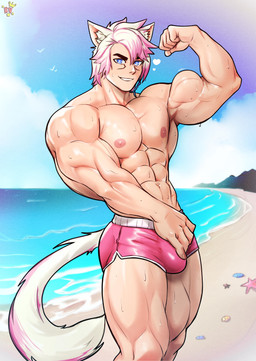 5_fingers abs areola beach biceps biped blue_eyes bulge clothed clothing eyebrows fingers flexing flexing_bicep hair inner_ear_fluff looking_at_viewer male muscular muscular_humanoid muscular_male nipples pecs seashell shell smile smiling_at_viewer tail text topless topless_humanoid topless_male tuft kingdomvelvet final_fantasy final_fantasy_xiv square_enix aquatic asterozoan echinoderm felid feline humanoid mammal miqo'te starfish tailed_humanoid absurd_res english_text hi_res