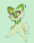 exclamation_point female feral genitals green_body open_mouth pussy solo bakap nintendo pokemon felid generation_9_pokemon mammal pokemon_(species) sprigatito