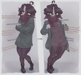 anthro black_body black_fur black_hair blush blush_lines bodily_fluids clothed clothed_female clothing coat dialogue enhibitionism female flat_chested fur genital_fluids genitals gloves green_eyes hair handwear legwear no_shirt offscreen_character open_clothing open_coat open_topwear scarf solo text thigh_highs topwear vaginal_fluids vulva winter_coat pumpunechka emily_(pumpunechka) bovid caprine mammal sheep absurd_res english_text hi_res