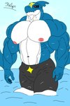 anthro areola big_muscles big_pecs biped blue_body clothing looking_at_viewer male male_anthro muscular muscular_anthro muscular_male nipples outside pecs red_eyes seaside simple_background smile solo water white_body fulgoraga nintendo pokemon fish generation_3_pokemon mammal marine pokemon_(species) shark sharpedo 2:3 digital_media_(artwork) hi_res