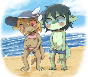 3_toes 4_fingers anthro balls beach black_hair blonde_hair blue_eyes blue_sclera blush bodily_fluids bow_ribbon breasts claws clitoris clothing clothing_aside clothing_pull cloud collarbone countershade_body day detailed_background feet female female_anthro female_peeing fingers flaccid foreskin genital_fluids genitals green_body hair hat hat_bow hat_ribbon headgear headwear holding_penis humanoid_genitalia humanoid_penis loli looking_at_another looking_down male male_anthro male_peeing navel outside peeing peeing_on_ground peeing_together penis pink_sclera plantigrade public public_exposure public_urination red_eyes sand sea shota sky small_breasts smile standing sun_hat sweat sweatdrop swimming_trunks swimming_trunks_down swimwear swimwear_aside swimwear_pull tail tan_body toe_claws toes two-piece_swimsuit under_boob unretracted_foreskin urine urine_on_ground urine_stream vulva water wave young young_anthro young_female young_male doneru clive_(doneru) tany_(doneru) bamfear 2024 absurd_res aliasing binary_drawing digital_drawing_(artwork) digital_media_(artwork) hi_res shaded