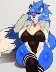 2019 anthro avante92 beads big_breasts biped blue_body blue_eyes blue_fur blue_tail blush breasts camel_toe canid canine cleavage clothed clothing curvy_figure digital_media_(artwork) dipstick_tail eye_patch eyebrows eyelashes eyewear female fluffy fluffy_tail fox fur hair heart_eye_patch heart_symbol hearts_around_body hearts_around_head hi_res hoodie huge_breasts inner_ear_fluff jewelry lazuli_(doggod.va) legwear long_tail looking_away magatama mammal markings meme multicolored_body multicolored_eyes multicolored_fur multicolored_tail necklace nipple_outline one-piece_swimsuit pattern_clothing pattern_legwear purple_eyes signature simple_background sitting skimpy smile solo stockings striped_clothing striped_legwear stripes swimwear tail tail_markings thick_thighs thigh_highs topwear tuft two_tone_body two_tone_eyes two_tone_fur two_tone_tail voluptuous white_background white_body white_fur white_tail wide_hips yellow_eyes