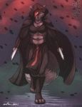 anthro assassin black_nose breasts cape clothing female fur grey_body grey_fur hair hidden_blade holding_object holding_weapon looking_at_viewer navel ninja red_hair solo tail text warrior weapon yellow_eyes wfa fatecoyote canid canine canis coyote fox hybrid mammal 2011 english_text