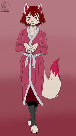 anthro black_nose brown_eyes clothing female fur hair happy nails pink_body pink_fur red_hair solo allartskye canid canine fox mammal hi_res