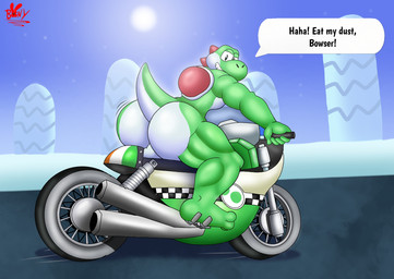 anthro balls big_butt bubble_butt butt dialogue genitals huge_butt male motorcycle muscular non-mammal_balls nude shell smile solo speech_bubble taunting text vehicle bonyrabbit_(artist) mario_bros nintendo yoshi_(character) green_yoshi yoshi digital_media_(artwork) english_text hi_res