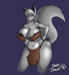 anthro areola arm_tuft big_breasts big_ears black_areola black_nose bottomwear breasts cheek_tuft chest_tuft clothing clothing_pull elbow_tuft eyebrow_through_hair eyebrows facial_tuft female fluffy fluffy_tail grey_body grey_hair hair hand_on_hip happy loincloth looking_at_viewer navel purple_background purple_eyes simple_background slightly_chubby solo tail tongue tongue_out translucent translucent_hair tuft wide_hips darksheep46 the_jungle_book chloe_(iamaneagle) canid canine canis mammal wolf hi_res