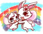 albino anthro blue_eyes blush cherry_blossom duo eyelashes female flower fur happy heart_symbol jewelry jumping necklace one_eye_closed open_mouth pink_body pink_fur plant prunus_(flower) rainbow red_eyes semi-anthro sky sparkles star white_body white_fur wings wink young young_anthro =u= jewelpet sanrio sega sega_fave labra_(jewelpet) ruby_(jewelpet) bear hare japanese_hare lagomorph leporid mammal polar_bear ursine 5:4