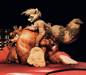 all_fours anal anal_penetration anthro areola balls bed big_butt big_moobs blue_eyes brown_areola brown_body brown_fur brown_nipples bubble_butt butt butt_grab cheek_tuft clothing cybernetic_spine duo ear_piercing facial_tuft fangs feet fluffy fluffy_tail from_behind_position fur furniture genitals gloves hand_on_butt handwear hat headgear headwear holding_butt huge_butt huge_moobs humanoid_genitalia larger_sub long_tail looking_at_viewer looking_back machine male male/male markings mohawk moobs multicolored_body multicolored_fur nipples nude obese obese_anthro obese_male on_bed overweight overweight_anthro overweight_male paws penetration penis piercing pillow rear_view red_eyes red_sclera ring_piercing scar sex simple_background size_difference spiked_gloves spikes striped_markings striped_tail stripes submissive tail tail_markings teeth top_hat tuft wynter_faver snips456fur_(modeler) five_nights_at_freddy's guardians_of_the_galaxy marvel scottgames freddy_(fnaf) rocket_raccoon animatronic bear mammal procyonid raccoon robot 2026 3d_(artwork) blender_(artwork) digital_media_(artwork)