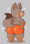 ambiguous_gender anthro big_butt black_eyes black_nose bottomwear bubble_butt butt canid canine clothed clothing digital_media_(artwork) facebook_fox fox glistening glistening_butt looking_at_viewer looking_back mammal rear_view shaded shadow short_stack shorts simple_background smile solo squishy_(artist) star thick_thighs tight_clothing