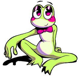 anthro blush bow_tie countershade_face countershade_torso countershading eyelashes feet female floating_eyebrows glistening_eyelids green_body looking_at_viewer membrane_(anatomy) shadow simple_background sitting smile spread_legs spreading toes webbed_feet jaquin_s glitch_productions the_amazing_digital_circus ribbit_(tadc) amphibian frog