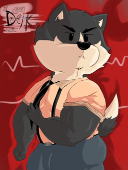 accessory anthro braces_(clothing) bulge grabbing male muscular muscular_anthro muscular_arms muscular_male necktie red_background serious serious_face simple_background solo tail ugly-rat15508 jess_(ugly-rat15508) canid canine canis domestic_dog mammal 3:4 digital_media_(artwork) hi_res