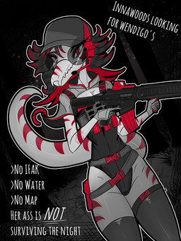 abstract_background angry anthro breasts clothed clothed_anthro clothed_female clothing electronics eyewear female fingers front_view frown glasses gloves grey_clothing grey_hair grey_legwear grey_thigh_highs gun hair handwear hat headgear headwear holding_gun holding_object holding_ranged_weapon holding_weapon humanoid_hands legwear leotard long_hair long_tail looking_at_viewer markings medium_breasts microphone non-mammal_breasts ranged_weapon red_body red_eyes red_hair round_glasses serious_face solo standing striped_markings stripes sunglasses tactical_gear tail text thigh_highs weapon gothgator0 kasey_(gothgator0) dinosaur dromaeosaurid microraptor prehistoric_species reptile saurischian scalie theropod 3:4 absurd_res english_text hi_res portrait restricted_palette three-quarter_portrait