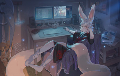 big_ears big_tail book boots brown_eyes cloak clothing computer desk ear_tuft electronics female footwear furniture hair hat headgear headwear looking_at_viewer markings pickaxe robe shoes socks solo table tail tuft whisker_markings white_ears white_hair white_tail wizard_hat sua lulu_the_lewd animal_humanoid canid canid_humanoid canine canine_humanoid fox_humanoid humanoid mammal mammal_humanoid hi_res