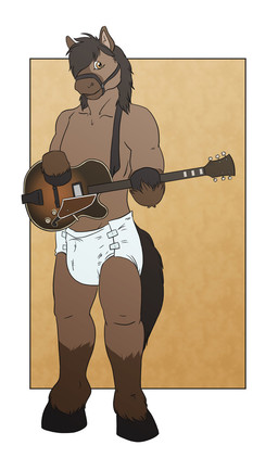 anthro biped bridle clean_diaper clothed clothing diaper diaper_only electric_guitar guitar looking_at_viewer male musical_instrument plucked_string_instrument reins simple_background solo standing string_instrument tail topless wearing_diaper what white_diaper yellow_eyes moose_bmd equid equine horse mammal