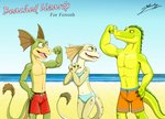 anthro beach bikini clothing female flexing group male seaside swimming swimming_trunks swimwear two-piece_swimsuit sagadreams lizard reptile scalie hi_res