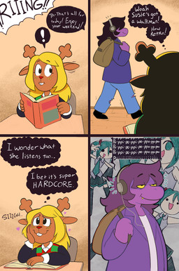 anthro antlers backpack blonde_hair book bottomwear brown_body buckteeth chair clothing dark_hair dialogue duo electronics female footwear freckled_face freckles furniture hair half-closed_eyes headphones horn jacket looking_at_another motion_lines narrowed_eyes pants purple_body red_nose shoes smile speech_bubble tear_trough teeth text thought_bubble topwear torn_bottomwear torn_clothing torn_pants walking yellow_eyes fatz_geronimo deltarune i_wonder_what_she's_listening_to undertale_(series) vocaloid yamaha_corporation hatsune_miku noelle_holiday susie_(deltarune) deer human mammal new_world_deer reindeer reptile scalie comic english_text hi_res
