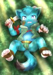 anthro blue_body blue_eyes blue_fur briefs bulge butt clothing falling fight fur male melee_weapon navel solo sword topwear underwear vest weapon young young_anthro kawa_(artist) felid feline mammal absurd_res hi_res