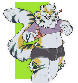 belly big_tail bulge clothing fangs neck_tuft smile tail teasing teeth tuft underwear mendobear felid mammal pantherine tiger absurd_res hi_res