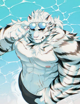 5_fingers anthro barazoku claws clothed clothing fingers fur humanoid_hands male muscular muscular_anthro muscular_male nipples pawpads pink_nipples pink_nose pink_pawpads topless topless_anthro topless_male white_body white_fur adkt arknights hypergryph studio_montagne mountain_(arknights) felid mammal pantherine tiger absurd_res hi_res