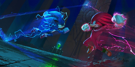 angry anthro blue_body chaos_emerald clenched_teeth clothing duo dutch_angle electricity footwear gem gloves handwear jumping male red_body shoes smile tail teeth white_clothing white_gloves white_handwear bayard_wu sega sonic_the_hedgehog_(series) sonic_the_hedgehog_2_(film) knuckles_the_echidna sonic_the_hedgehog echidna eulipotyphlan hedgehog mammal monotreme 2019 concept_art digital_media_(artwork) hi_res official_art