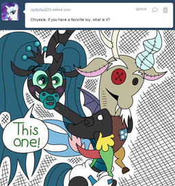 clothing dialogue diaper doll eyes_closed fangs female feral green_hair hair hole_(anatomy) horn insect_wings membrane_(anatomy) membranous_wings object_in_mouth pacifier pacifier_in_mouth pigtails plushie solo teeth text white_diaper wings crinklebottomchrysalis friendship_is_magic hasbro my_little_pony tumblr discord_(mlp) queen_chrysalis_(mlp) arthropod changeling_(mlp) chimera draconequus 2013 english_text hi_res