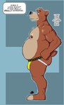 aged_up anthro belly big_arms bodily_fluids bulge butt claws clothing jockstrap male mostly_nude musclegut muscular nipples overweight overweight_anthro overweight_male side_view simple_background solo speech_bubble standing sweat tail teeth_showing text underwear waistband hunter-husky disney ducktales ducktales_(2017) talespin kit_cloudkicker bear brown_bear mammal ursine english_text hi_res