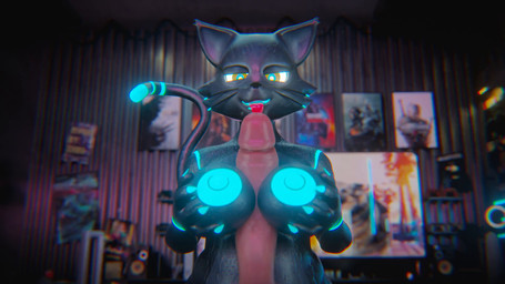 anthro areola big_areola big_breasts big_penis black_body blue_areola blue_markings bodily_fluids breast_play breasts duo electronics erection female first_person_view genitals glowing holding_breast human_on_anthro interspecies machine male male/female male_pov markings nude penis sex smile sweat tail tail_motion tailwag television titfuck tongue tongue_out whiskers something_in3d lewdssonk_(modeler) hi-fi_rush microsoft tango_gameworks 808_(hi-fi_rush) android felid feline human mammal robot 16:9 3d_(artwork) 3d_animation animated digital_media_(artwork) hi_res high_framerate no_sound short_playtime video widescreen