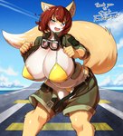 absurd_res anthro areola areola_slip belly belt belt_buckle big_breasts big_tail bikini blue_eyes blush bottomwear bra breasts brown_hair canid canine cleavage clothed clothing curvy_figure cute_fangs eyebrows eyewear female fox fur goggles goggles_around_neck gold_bikini hair hana_(keep0621) hi_res huge_breasts huge_thighs inner_ear_fluff jacket kagarimachi_ame kemono looking_at_viewer mammal multicolored_body multicolored_fur navel open_mouth panties shorts slightly_chubby slightly_chubby_anthro slightly_chubby_female solo standing string_bikini swimwear tail thick_eyebrows thick_thighs topwear tuft underwear voluptuous white_body wide_hips yellow_bikini yellow_clothing yellow_swimwear