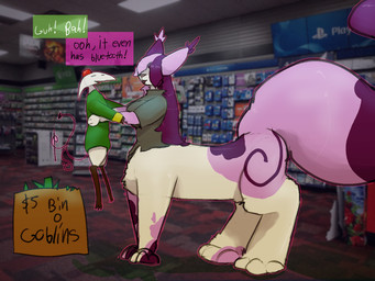 anthro bottomless clothed clothing dialogue duo female fur green_body green_skin hair hair_over_eyes male multicolored_body multicolored_fur open_mouth pointy_ears public screencap screencap_background shirt shirt_only smile standing tail text topwear topwear_only rockpankake artfight2025 gamestop roi_(rockpankake) felid feline goblin mammal mammal_taur taur 2025 4:3 digital_media_(artwork) english_text hi_res