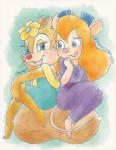 anthro blonde_hair blue_eyes clothed clothing dress duo eyelashes female food fruit fur hair legume long_hair open_mouth open_smile peanut_(food) plant red_nose simple_background smile tan_body tan_fur manosmanto chip_'n_dale chip_'n_dale_rescue_rangers disney clarice_(disney) gadget_hackwrench chipmunk ground_squirrel mammal mouse murid murine rodent sciurid source_request