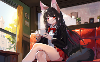 anthro black_clothing black_hair black_shirt black_tail black_topwear bottomwear bow_tie breasts closed_smile clothed clothing container cup female front_view fully_clothed fur hair inner_ear_fluff inside looking_at_viewer mouth_closed red_bottomwear red_clothing red_eyes red_skirt shirt sitting skirt small_breasts smile solo tail tea_cup topwear tuft white_body white_fur kemo_yuki ran_konkon canid canine fox mammal hi_res