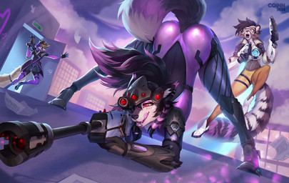 anthro biped bottomwear breasts butt clothed clothed_anthro clothed_female clothing cloud female fingers front_view fully_clothed fully_clothed_anthro fully_clothed_female fur group gun outside ranged_weapon sky smile standing star tail teeth tongue topwear trio weapon coinn8 blizzard_entertainment overwatch sonia_v symmetra_(overwatch) tracer_(overwatch) widowmaker_(overwatch) canid canine canis domestic_cat domestic_dog felid feline felis mammal 2026 digital_drawing_(artwork) digital_media_(artwork) hi_res