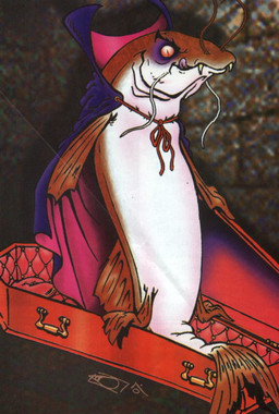 ambiguous_gender box cape clothing coffin container fangs humor in_box in_container licking licking_lips licking_own_lips red_eyes self_lick solo teeth tongue tongue_out unknown_artist aquatic candiru fish vampire 2007 signature