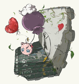 ambiguous_gender balloon blue_eyes bodily_fluids brick_floor crying dandelion detailed_background duo ear_bow faux_figurine flower front_view heart_balloon heart_symbol inflatable leaf outside plant polka_dot_bow tears text wall_(structure) watery_eyes wind komugicorn banksy nintendo pokemon drifloon generation_1_pokemon generation_4_pokemon jigglypuff pokemon_(species) waddling_head 2024 english_text hi_res inspired_by_formal_art female_(lore)