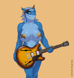 anthro big_breasts blue_body breasts ear_piercing ear_ring electric_guitar female guitar holding_guitar holding_musical_instrument holding_object looking_at_viewer multicolored_body musical_instrument navel non-mammal_breasts pasties piercing plucked_string_instrument ring_piercing sharp_teeth simple_background smile solo standing string_instrument tan_background teeth two_tone_body yellow_eyes neracoda aria_(neracoda) aquatic fish scalie shark digital_media_(artwork) hi_res