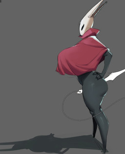 2_horns anthro big_breasts black_body bottomless bottomless_anthro bottomless_female breasts cloak clothed clothing female female_anthro fingers grey_background hand_on_hip horn huge_breasts red_cloak red_clothing shadow side_view simple_background solo standing white_head rekkadraws hollow_knight_(franchise) team_cherry hornet_(hollow_knight) arthropod insect 2025 digital_media_(artwork) full-length_portrait portrait