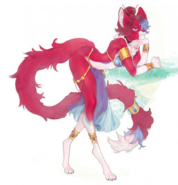 accessory anklet anthro bangle bent_over blue_eyes blue_hair bottomwear bra bracelet breasts choker clothed clothing female fur furgonomics gem hair jewelry loincloth necklace paws pose red_body red_fur red_hair robe simple_background skimpy solo tail tail_accessory tail_jewelry translucent translucent_clothing underwear white_background white_body white_fur 009w cramoisi deity domestic_cat felid feline felis mammal hi_res pinup