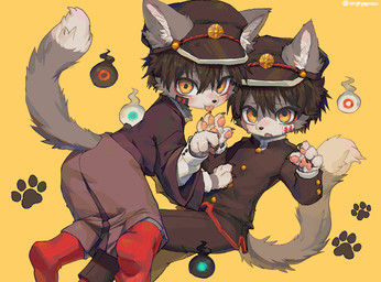 4_fingers alternate_species anthro biped black_hair blush blush_lines bodily_fluids bottomwear claws clothed clothed_anthro clothed_male clothing cute_fangs dipstick_tail duo fangs finger_claws fingerpads fingers footprint fur furgonomic_bottomwear furgonomic_hat furgonomic_headwear furgonomics furrification grey_body grey_fur hair hands_up hat headgear headwear hitodama inner_ear_fluff kemono looking_at_viewer male male_anthro markings ofuda pawpads pawprint pink_pawpads pushing simple_background sweat sweatdrop tail tail_markings talisman teeth tongue tongue_out tuft uniform young young_anthro young_male angrygentoo toilet-bound_hanako-kun yugi_amane yugi_tsukasa canid mammal 2024 hi_res signature brother_(lore) brothers_(lore) sibling_(lore) twins_(lore)