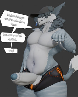 anthro balls belly bottomwear bottomwear_aside claws clothed clothing clothing_aside ear_piercing erection fur genitals hair hair_over_eye humanoid_genitalia humanoid_penis looking_pleasured male male_anthro muscular muscular_anthro muscular_male navel neck_tuft nude obscured_eyes open_mouth pecs penis piercing short_hair shorts shorts_aside simple_background smile solo tail text thick_thighs throbbing throbbing_penis tuft wide_hips anaroth mythology gravel_(anaroth) dragon furred_dragon furred_scalie mammal mythological_creature mythological_scalie scalie 3d_(artwork) digital_media_(artwork) hi_res