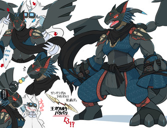 ambiguous_gender biped black_body black_scarf blue_bottomwear blue_clothing blue_eyes blue_pants blue_shirt blue_topwear blush bodily_fluids bottomwear claws clothed clothed_feral clothing dialogue duo eyewear eyewear_on_head feathers feral finger_claws goggles goggles_on_head interrobang nargacuga_armor open_mouth pants red_sclera scarf sharp_teeth shirt simple_background sweat teeth text tobi-kadachi_armor toe_claws tongue topwear white_background white_body white_feathers wings elaphe_guttata6 capcom monster_hunter mythology nintendo pokemon dragon feathered_dragon feathered_scalie generation_5_pokemon legendary_pokemon mythological_creature mythological_scalie pokemon_(species) reshiram scalie zekrom absurd_res hi_res japanese_text shaded