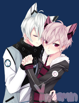 animal_ears clothing duo ear_piercing ear_ring eyes_closed hair hand_holding human_and_animal_ears jacket male multi_ear piercing ring_piercing scarf smile topwear yumemin animal_humanoid humanoid alpha_channel