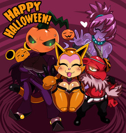 anthro big_breasts blush breasts cleavage clothed clothing female food for_a_head fruit group heart_symbol holidays jack-o'-lantern male plant pumpkin pumpkin_head smile tongue tongue_out sssonic2 halloween devil_(sssonic2) janet_(sssonic2) noodle_(sssonic2) demon domestic_cat felid feline felis ghost imp mammal mouse murid murine object_head rodent spirit 2013 digital_media_(artwork) hi_res